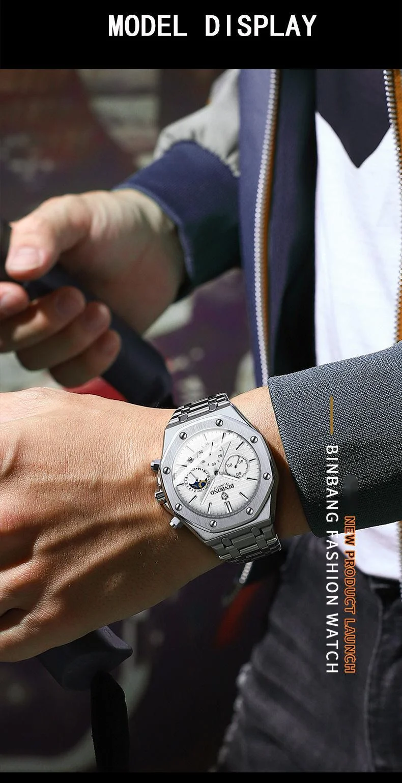 New Watch Hot Selling Model: Binbang High-end Three Eye Six Needle Multifunctional Lunar Phase Steel Band Multifunctional Men's Watch Watch_voghion.com