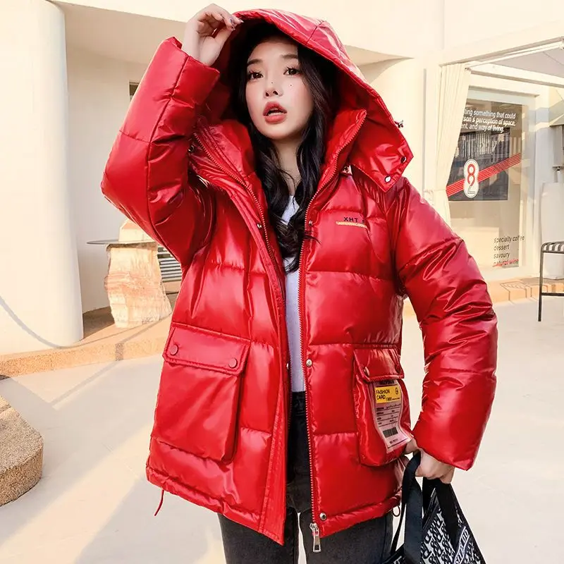 2023 New Women Down Cotton Coat Winter Jacket Female Short Glossy Parkas Loose Warm Outwear Hooded Fashion Versatile Overcoat