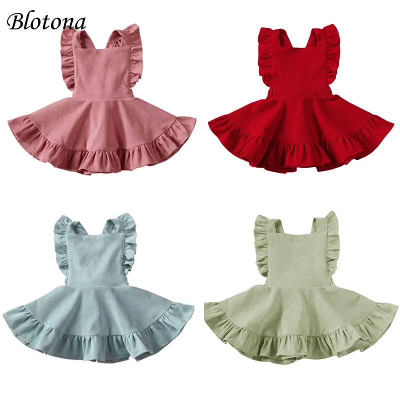 Blotona Baby Girls Solid Color Suspender Skirt Sleeveless Square Collar Large Hem High Waist Dress Ruffles