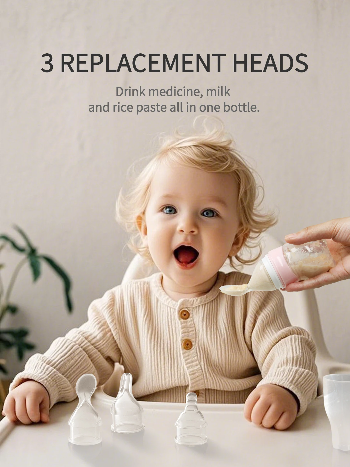 3 in 1 Feeding medicine Baby Silicone bottles Drink milk eat rice paste with 3 Replacement Heads BPA Free Bottle