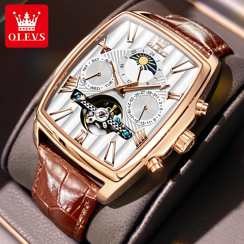 OLEVS-Reloj de pulsera para hombre, accesorio masculino resistente al agua con mecanismo de Tourbillon, diseño de lujo de oro rosa, fase lunar, nuevo, 2024
