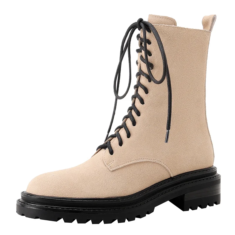 

Women Cow suede Medium Heel Ankle Boots Autumn Winter Black Apricot Lace-up Platform Boot Ladies Plus Size Round Toe Shoes