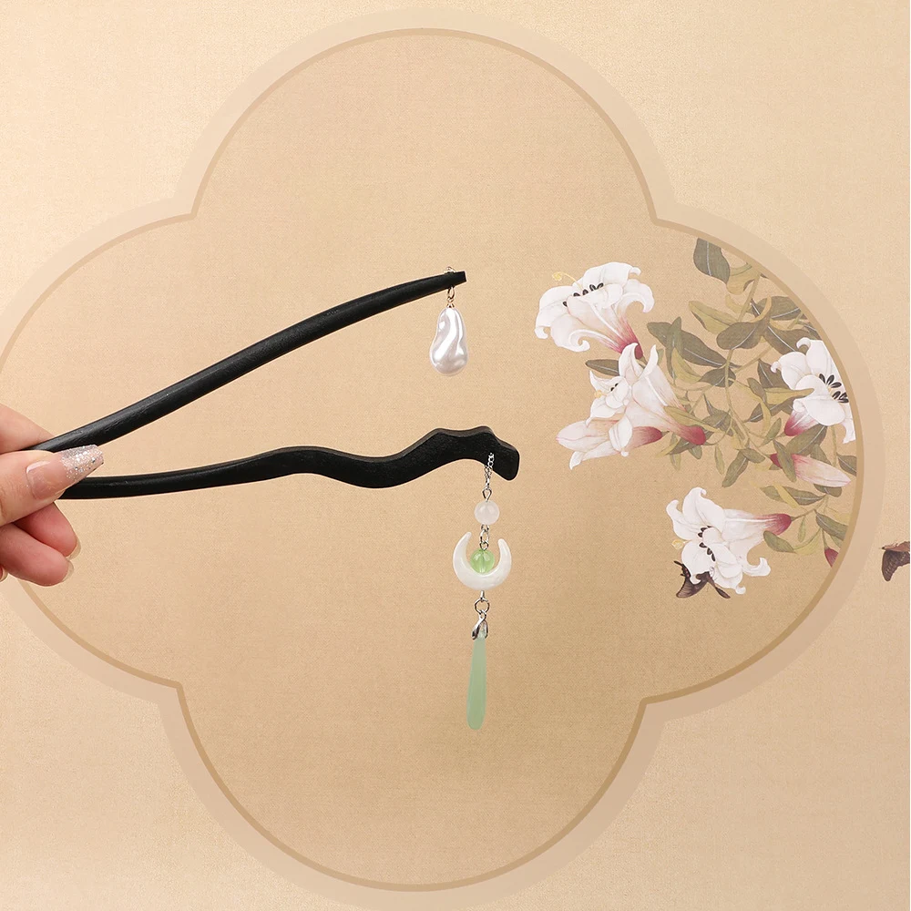 

Hand-earlcarved Black Ebony Wooden Hairpin Long Pearl Tassel Flower Hair Sticks Vintage Chop Stick Headwear Bridal Jewelry 2023