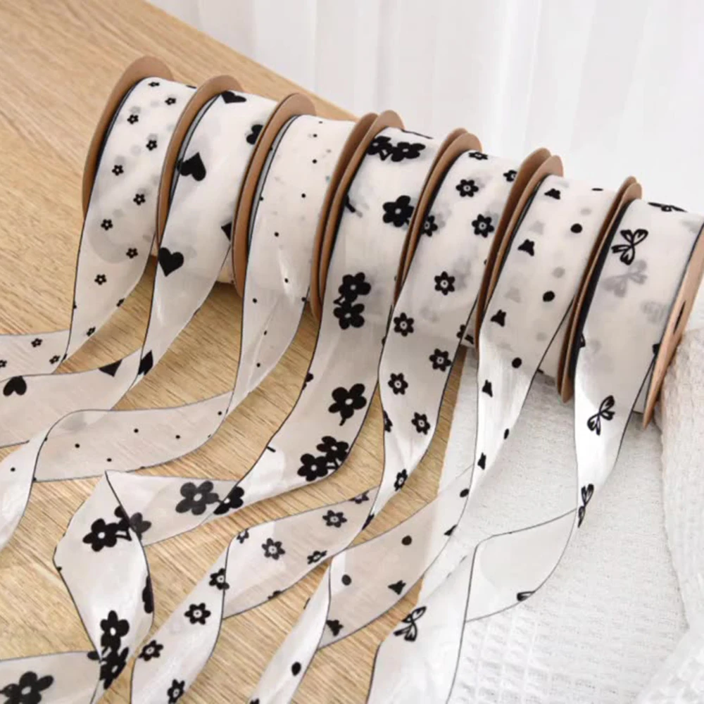 Transparent Ribbon Flowers Bow Heart Print Chiffon Organza Ribbon 4cm 10Yards/Roll For DIY Hair Bows Sewing Gift Packaging