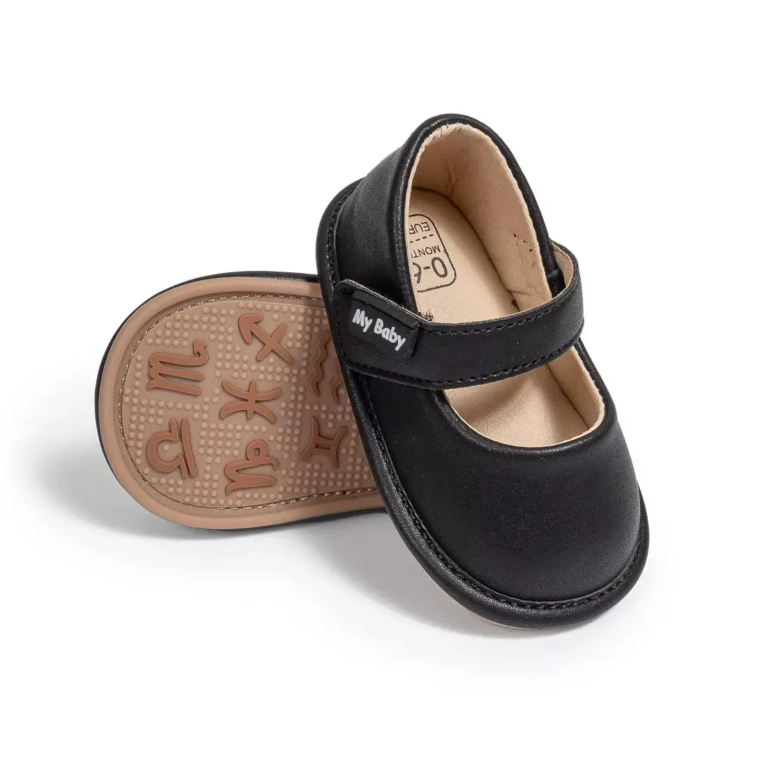 KIDSUN Fashion Black Leather Baby Shoes Girls Infant Non-Slip First Walker Crib Shoes Princess Wedding Dress Shoes Ballet Flats 6