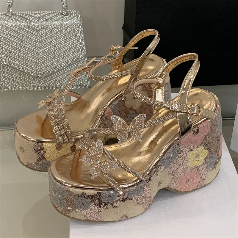 Eilyken Bling Sequin Cloth Narrow Band Buckle Strap Platform