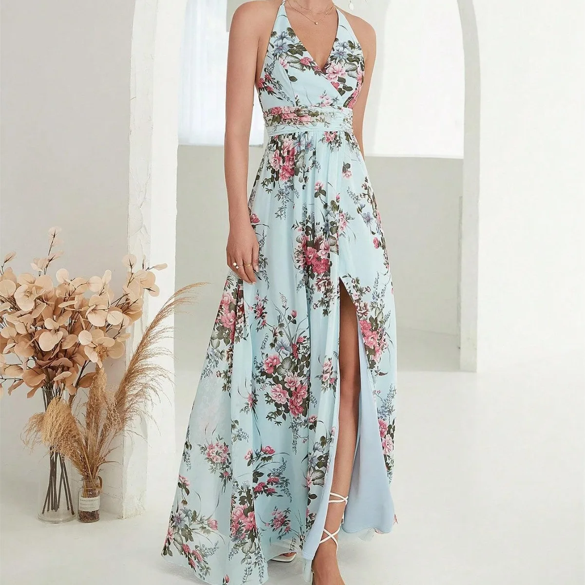 

Elegant Printed Chiffon Dress with Deep V-back Strap and Open Back Dresses for Women