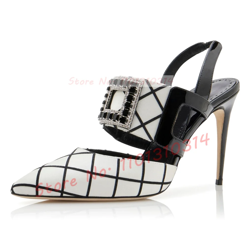 Women Slingback Sandals Black-white Plaid Luxury Pointy Stiletto High Heels Satin Shoes Summer Buckle Evening Sandals