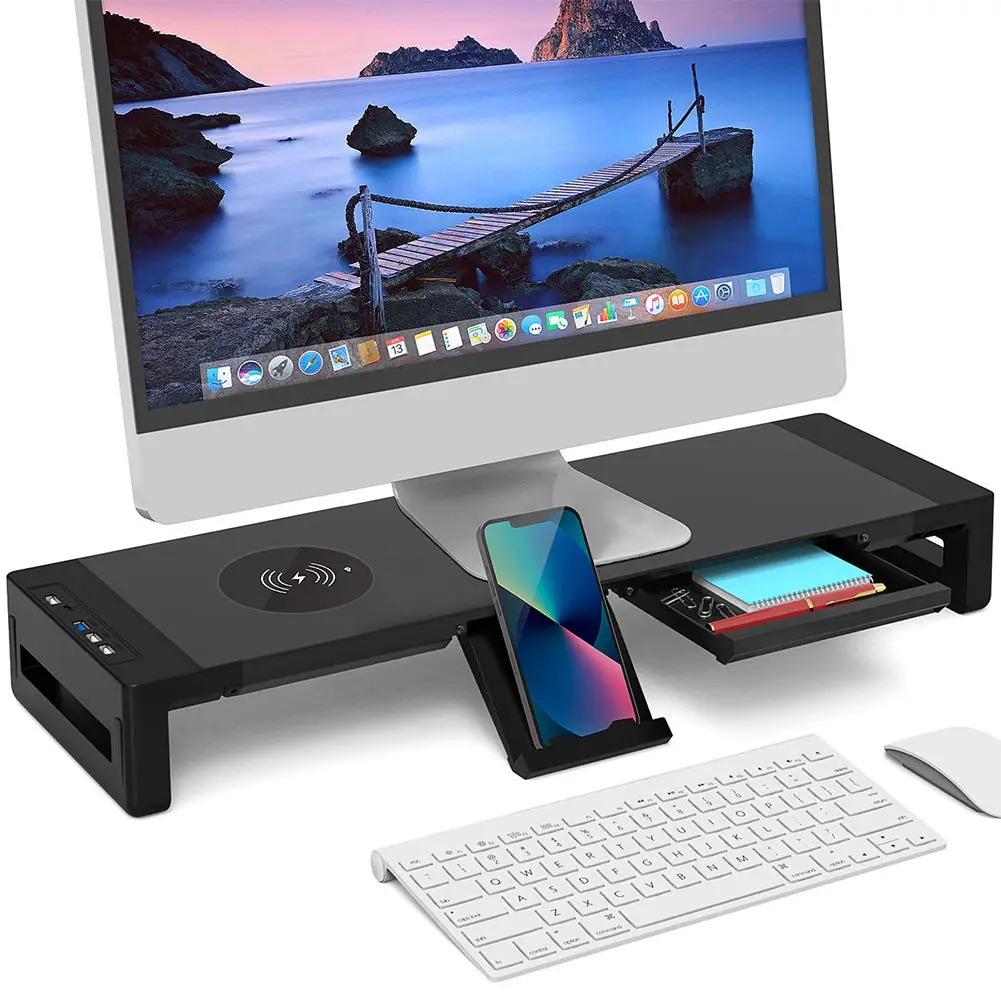 

Monitor Foldable Stand Riser USB3.0 Hub Support Data Transfer and Wireless Charging with Storage Box Desk Organizer for Laptop
