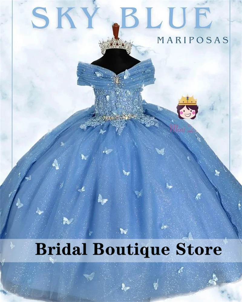 

Sky Blue Flower Girls Dress 2024 Off Shoulder Princess Ball Gown For Birthday Butterfly Applique Crystals Beads First Communion
