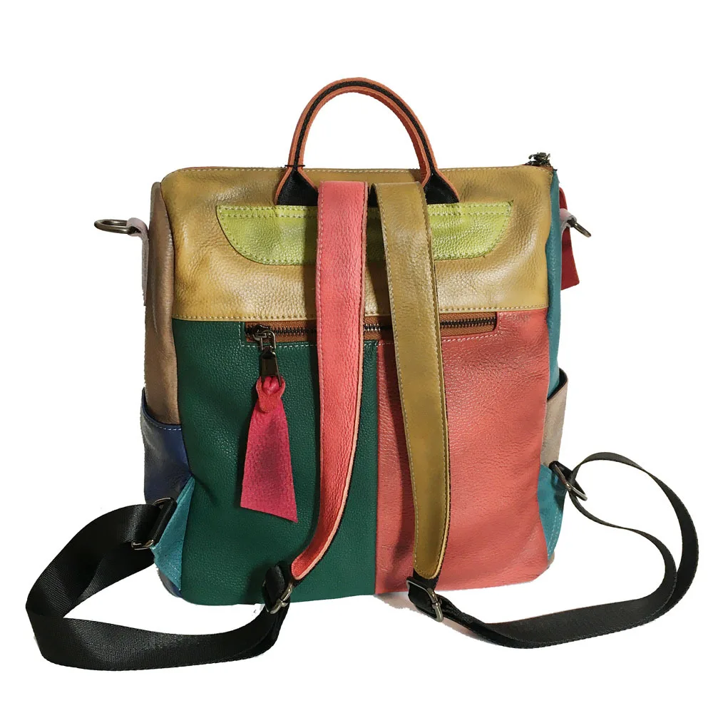 Vintage Genuine Leather Backpack Women Patchwork First Layer Cow Leather Backpacks Casual Ladies Double Shouder Bag 2
