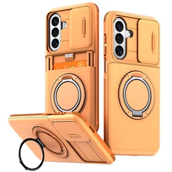Magnetic Holder Phone Case with Metal Ring and Hidden Card Slot - Slide Camera Protection Cover - Galaxy A26 (XJ - Orange)