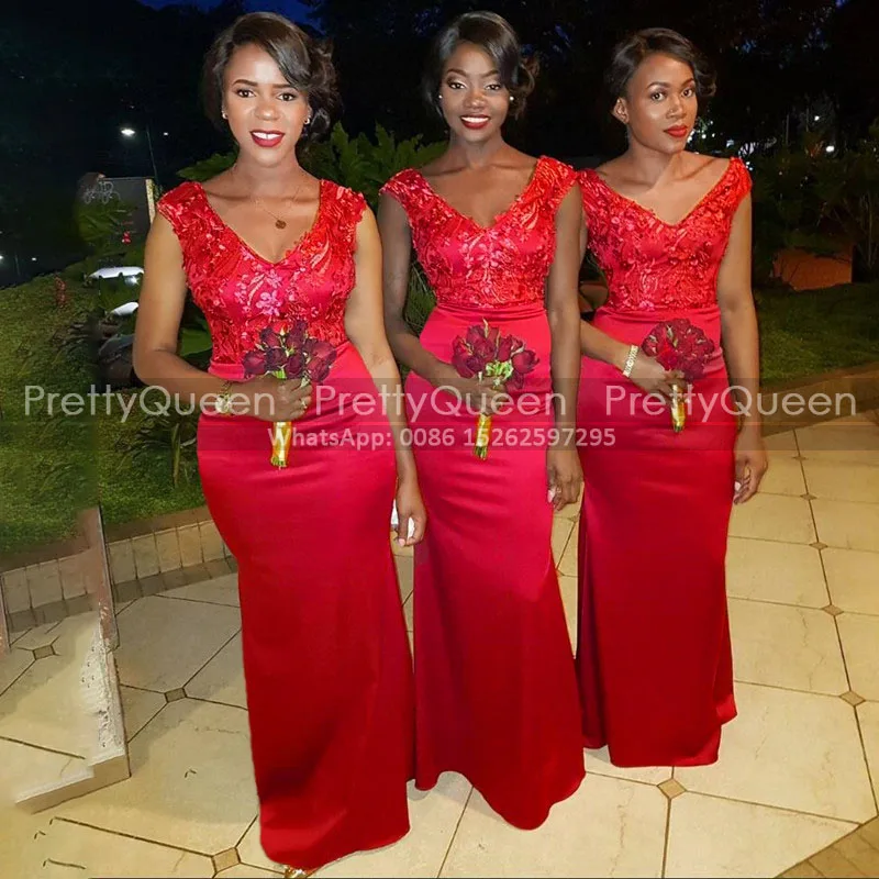 

Stylish Mermaid Red Lace Bridesmaid Dresses Deep V Neck Sleeveless Appliques Trumpet Long Bridal Party Dress Wedding Guest