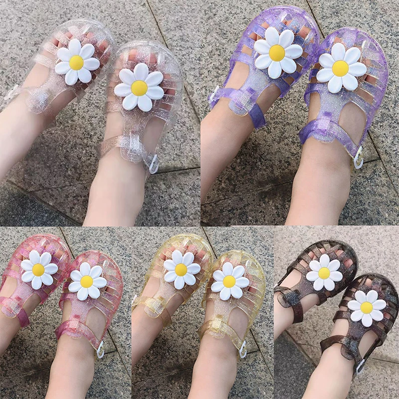 Little Girls Jelly Sandals Soft Sole Closed Toe Hollow 3D Daisy Beach Summer Shoes Princess Flat
