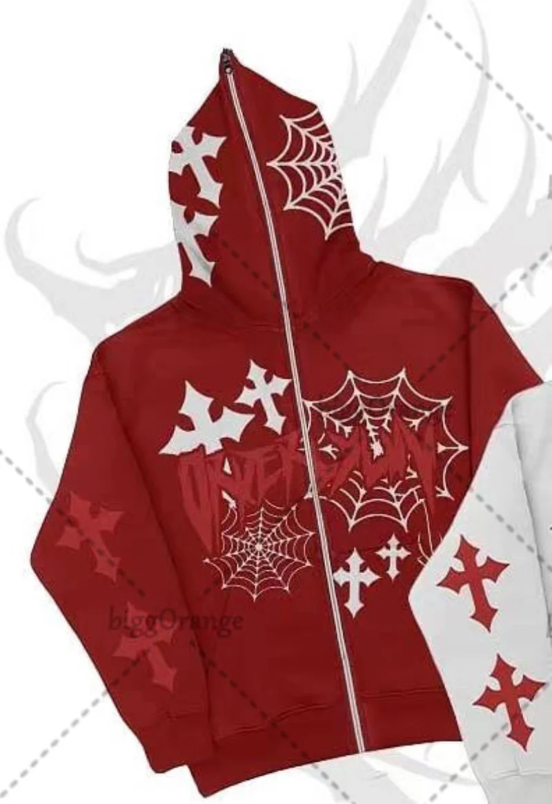 Y2K High Street Hip Hop Casual Fashion Coat Retro Cross Spider Web Print  Zipper Hoodie New Harajuku Women Oversized Sweatshirt - AliExpress