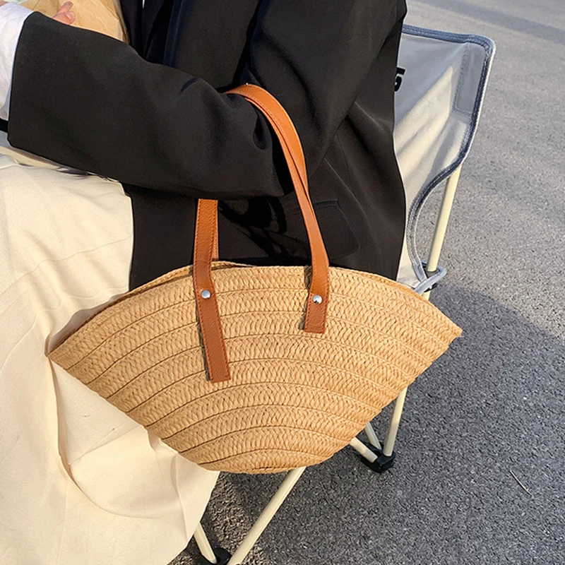 Casual Straw Women Shoulder Bags Paper Woven Lady Large Capacity Handbags Handmade Summer Beach Bag Travel Basket Shopper Tote
