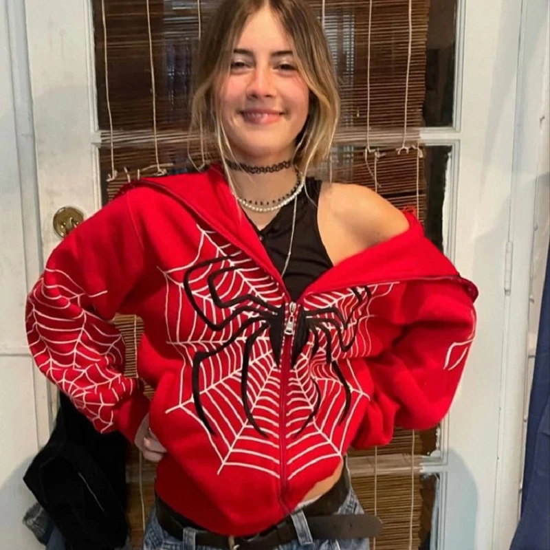 Spider Web Full Zipper Up Hoodie for Women Spiderman Y2k Red Baggy Gothic  Sweatshirt Punk Graphic Print Jacket Harajuku Hooded - AliExpress
