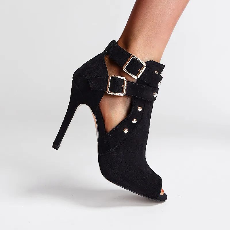 

Buckle Strap Women Boots Peep Toe Thin Heel Work Safety Mature Shoes Spring Autumn Solid Rivet Super High Heel Ankle Women Boots