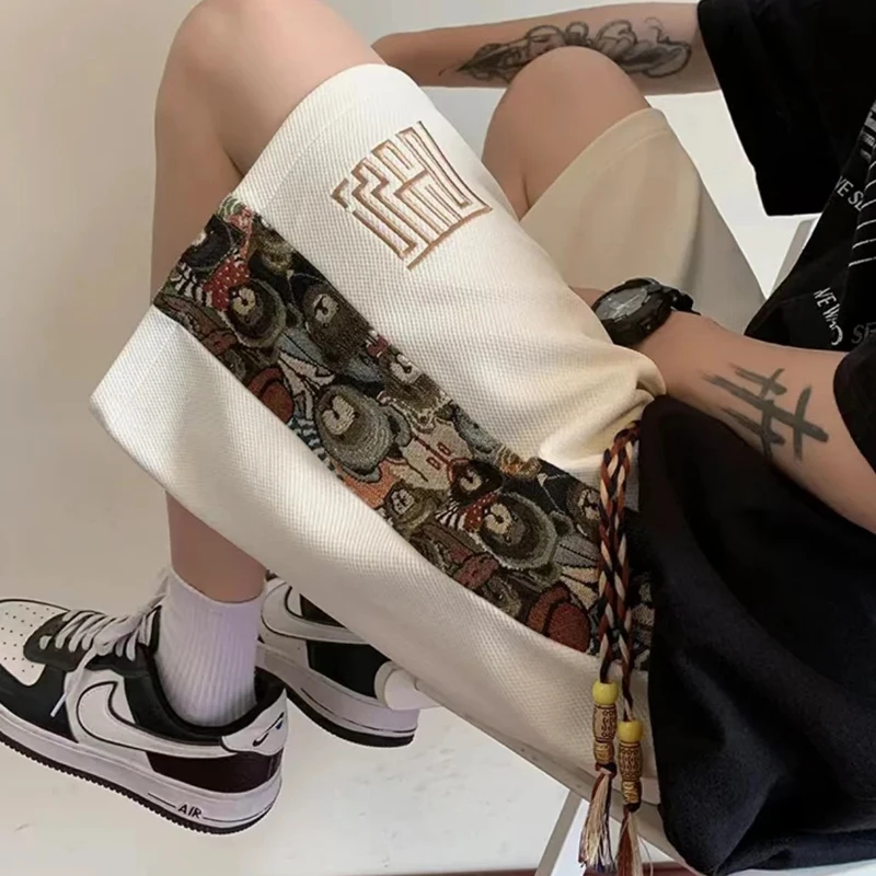 Streetwear Elastic Waist Loose Cargo Shorts Straight Lacing Temperament Simplicity Handsome Patchwork Printing Men's Clothing