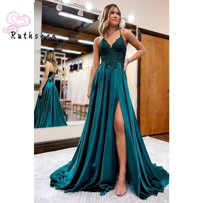 A Line Lace Evening Dresses for Women 2023 Elegant Party Slit Side Formal Occasion Wears with Criss Cross Back Vestidos De Gala