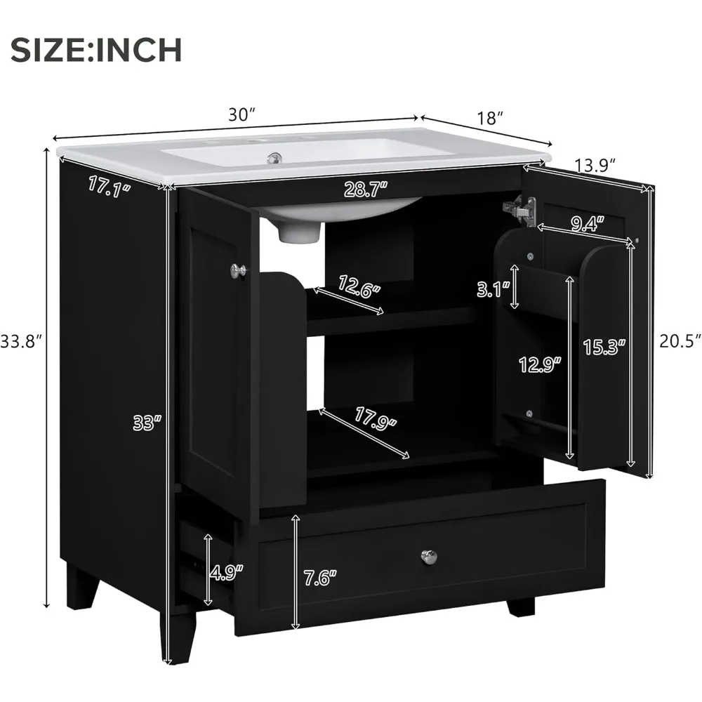 30inch Bathroom Vanity with Sink,Solid Wood Single Bathroom Cabinet,with Storage Doors and Drawer,Ceramic Sink,Easy Assmebly 3