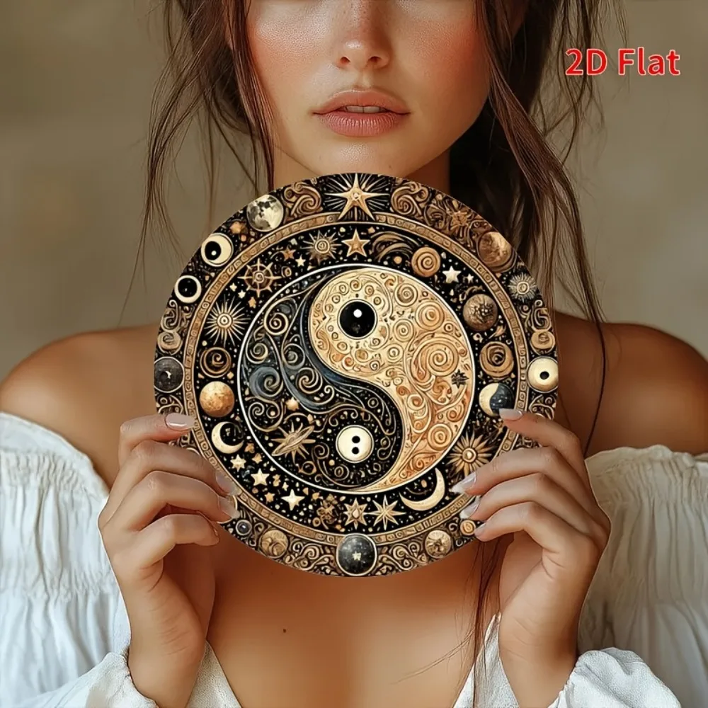 Targa Decorativa Da Parete Yin Yang In Metallo - Simbolo Taoista Con Pianeti, Stile Vintage - 20x20 Cm Per Casa, Ufficio, Meditazione
