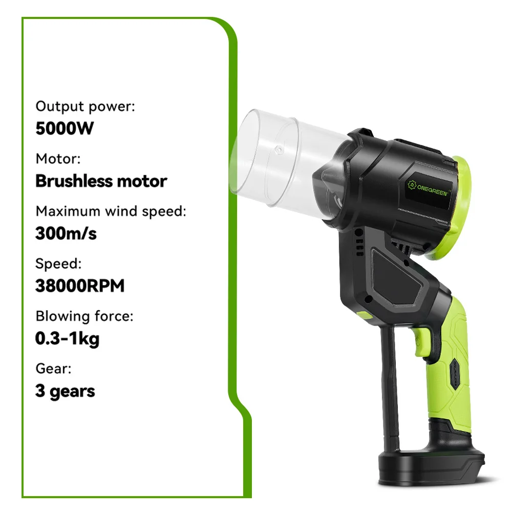 ONEGREEN 300M/S 브러시리스 전기 터보 송풍기 5000W 무선 먼지 잎사귀 공기 송풍 청소 도구 (마키타 18V 배터리 핀용)
