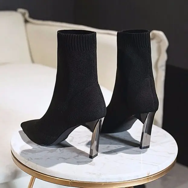 Simple Fashion Stretch Socks Boots Women's High Heels Shoes Knit Socks Boots Skinny Women Pointed Autumn and Winter Bare Boots