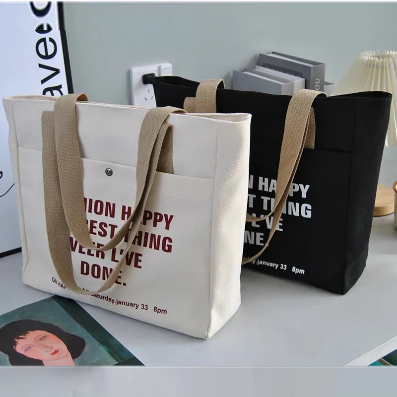 

Женская сумка с двумя карманами на подкладке с надписью, Холщовая Сумка через плечо, вместительная Повседневная Сумка-тоут, универсальные школьные портфели для студентов