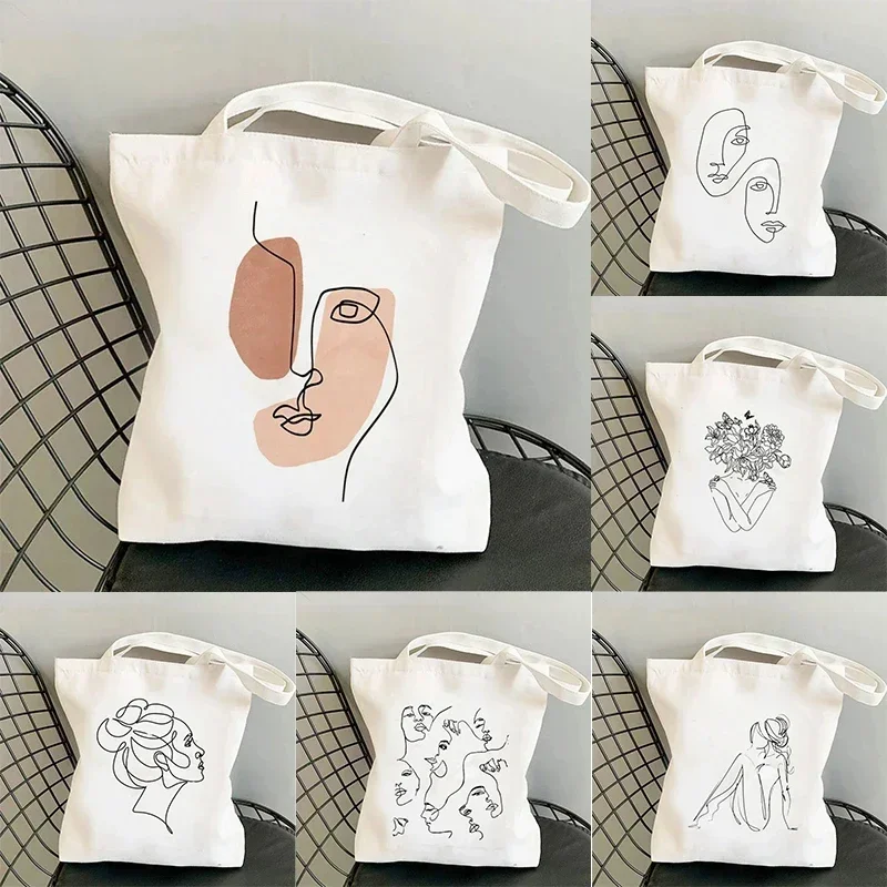 Woman Face Line Drawing Tote Bag Harajuku Resuable Eco