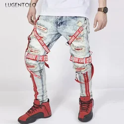 Men Straight Jeans Hole Camouflage Print Zipper Fashion Casual Trousers Men's Street Ripped Slim Trend Mid Waist Pants