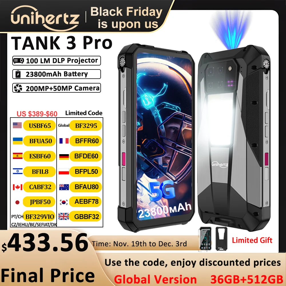 US EU MX Warehouse Unihertz Tank 3 Pro 8849 with 100 Lumens 5G Projector phone,32GB/36GB RAM,512GB ROM,23800mAh 120W,200MP, NFC