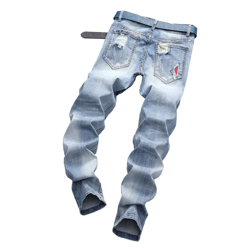 Men's Personalized Ripped Jeans Light Blue Streetwear Stretch Straight Slim Fit Casual Motorcycle Denim Trousers