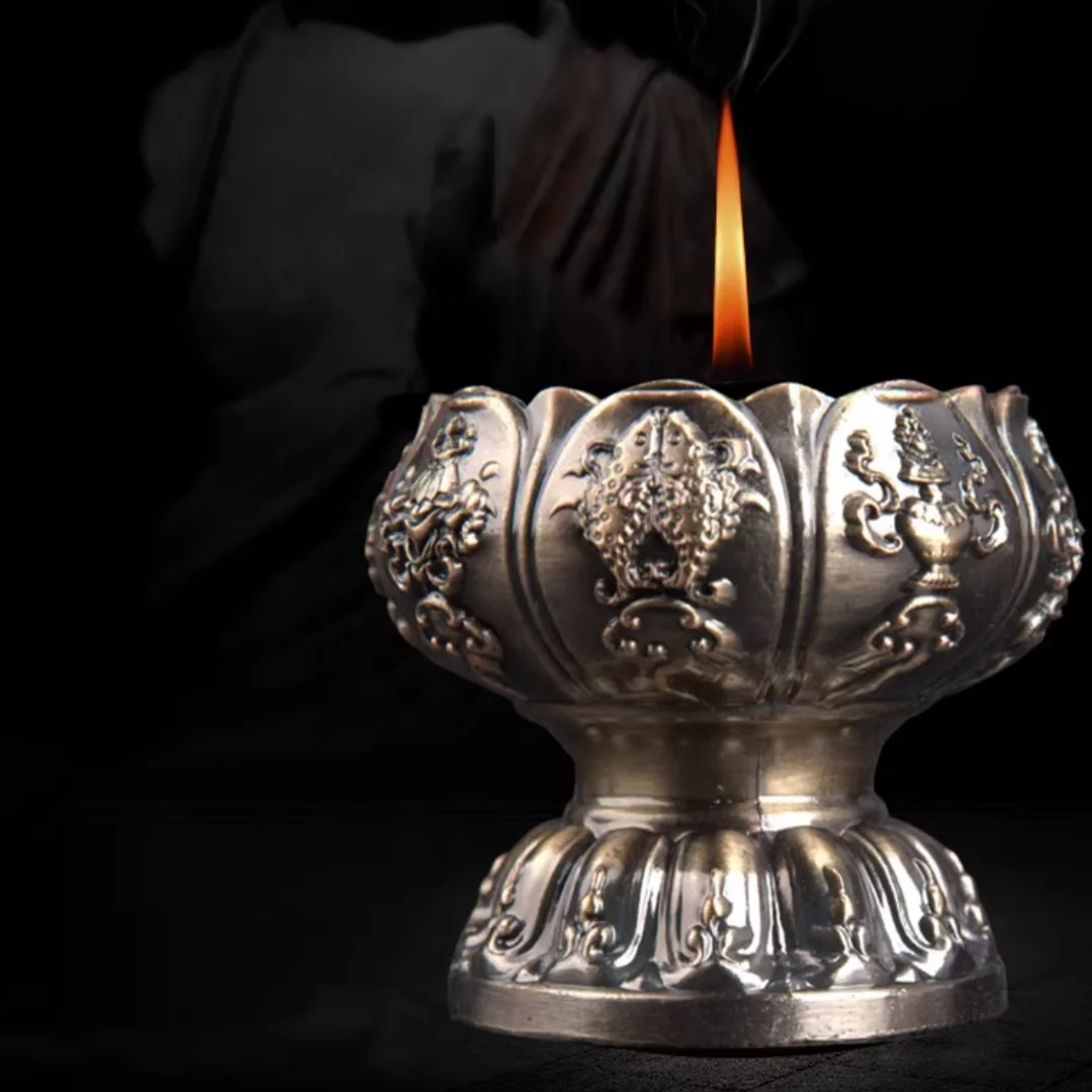 Eternal Glow Eight Auspicious Lotus Lamp – front view, dark copper lotus offering bowl with eight auspicious Buddhist symbols and dharma wheel engraving | CL House