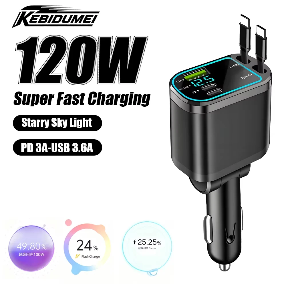 KEBIDUMEI M4 Caricabatteria da auto retrattile Cavo di ricarica rapida 5 in 1 con Star Light Porta USB PD Tipo-C Adattatore di alimentazione Caricabatterie per telefono