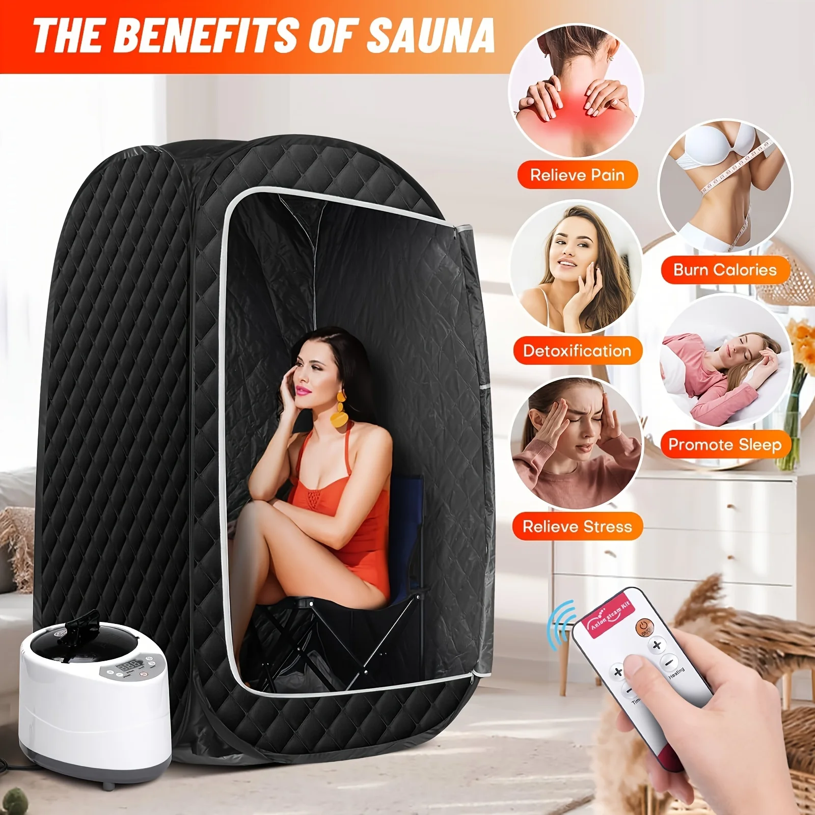Portable Sauna for Home, at Home Sauna Full Body, Portable Steam Saunas Box Fold-able with 2.6L 1000 Watt Steamer, Folding Chair 3