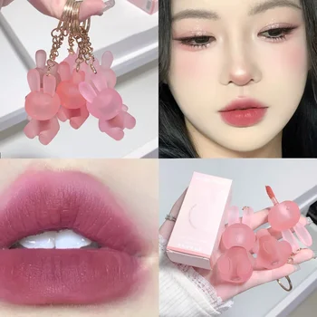 귀여운 곰 키체인 벨벳 매트 누드 립 글로스, 방수 지속력, 누드 레드 리퀴드 립스틱, 한국 메이크업 화장품