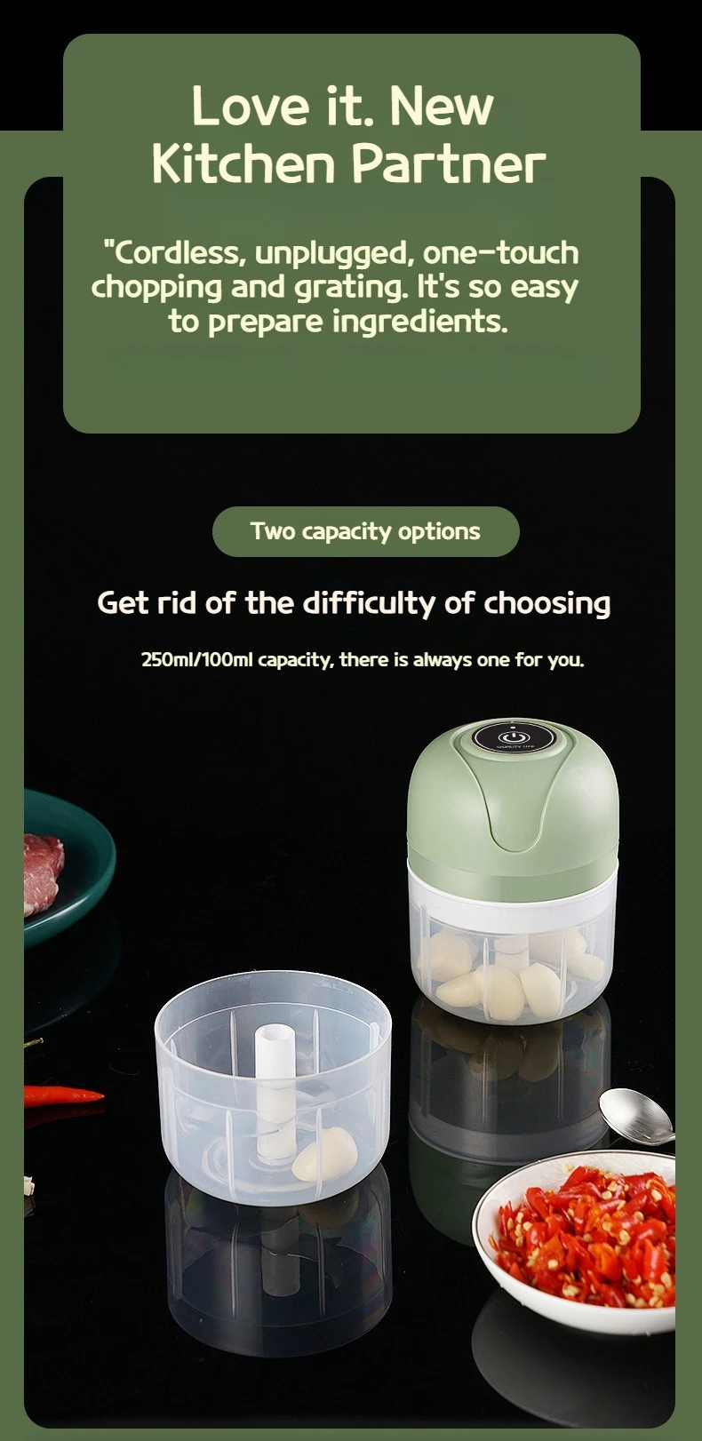 Mini Electric Garlic Chopper 250ML, USB Charging Ginger and Vegetable Cutter, Food Processor Kitchen Tool for Quick Chopping