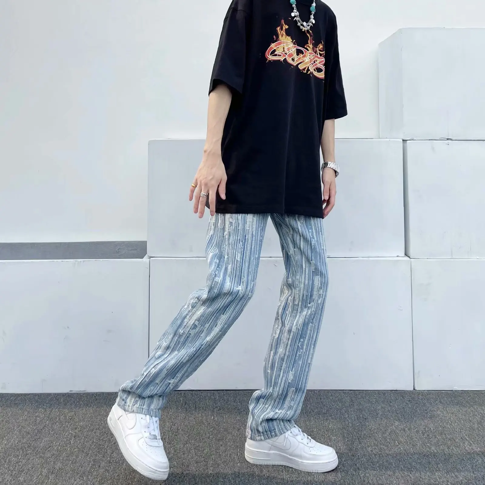

Men's jeans straight loose trousers Korean version of 2022 spring and autumn trend new tide brand casual striped trousers
