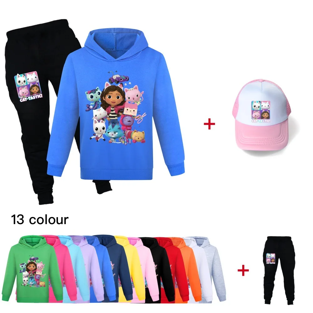 

Gabbys Dollhouse Clothes Kids Long Sleeve Hoodies+Jogger Pants+hat 3pcs Set Toddler Girls Gabbys Cat Clothes Baby Boys Tracksuit