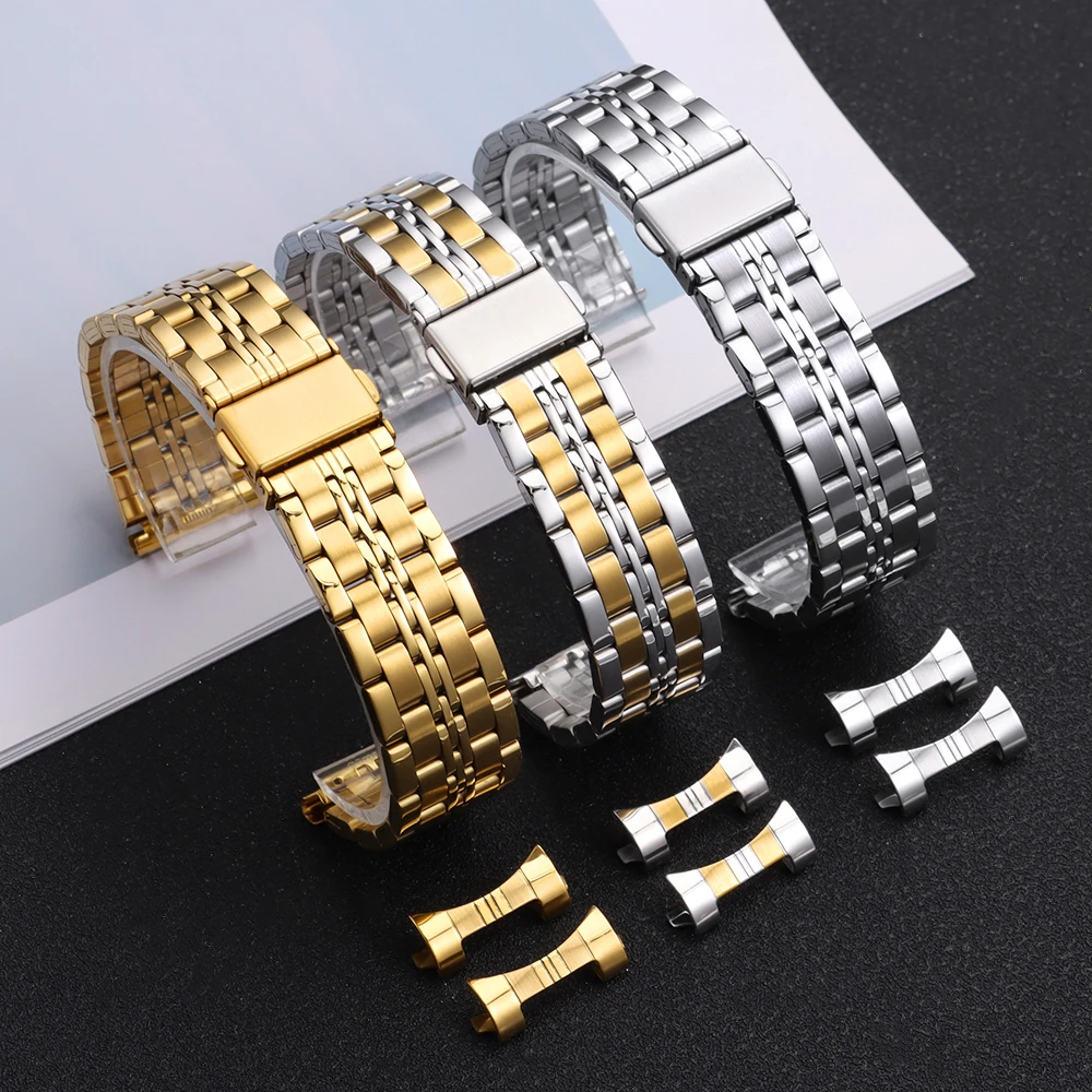 Premium Stainless Steel Watch Strap with Curved & Flat Ends - Universal Bracelet with Folding Buckle, Multiple Sizes Available