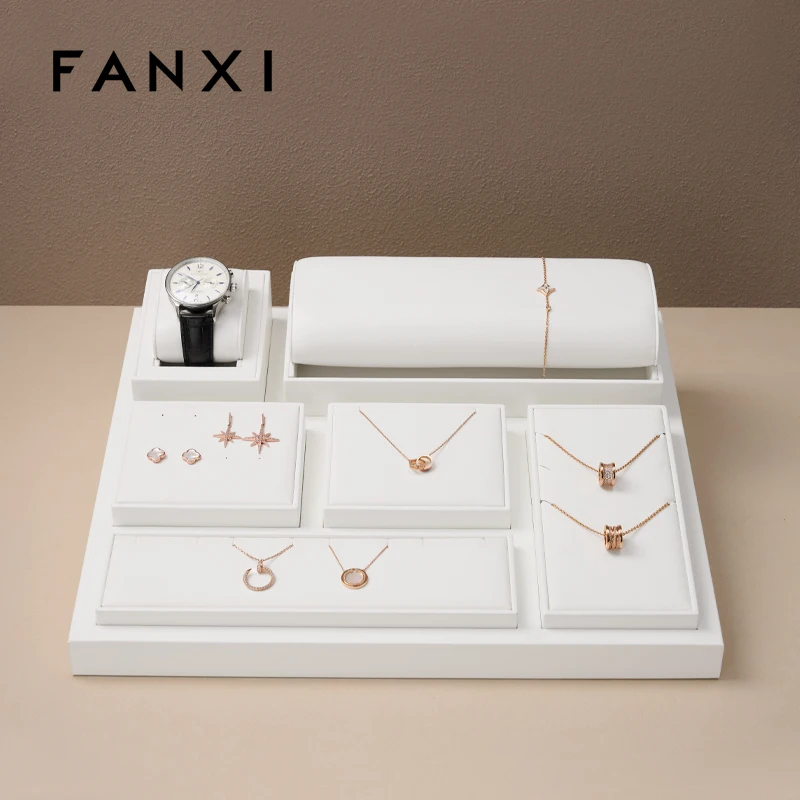 Oirlv New White PU Leather Jewelry Display Organizer Props Ring Pendant Necklace Holder Jewelry Rack Display Stand Set Showcase