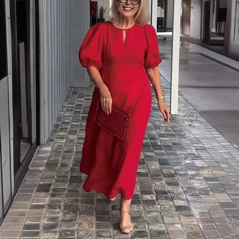 

Solid Color Women Dress Chic Ankle-length Maxi Dress Women's Hollow Out A-line Style with Short Puff Sleeves for Daily Wear