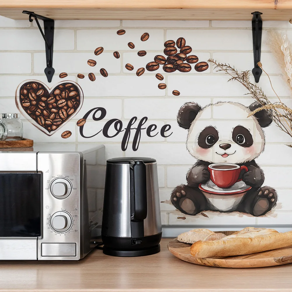 Cartoon Panda Drinking Coffee Wall Sticker Living Room Kitchen Background Decoration Mural Cafe Home Decor Self-adhesive Decals