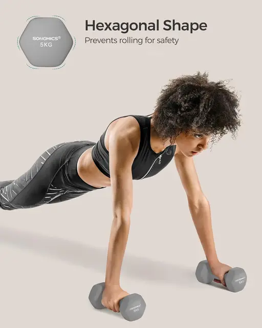 SONGMICS Dumbbells Set of 2 2 x 5kg Dumbbells Set Dumbbells Hexagon Neoprene Coating Strength Training Workout Fitness