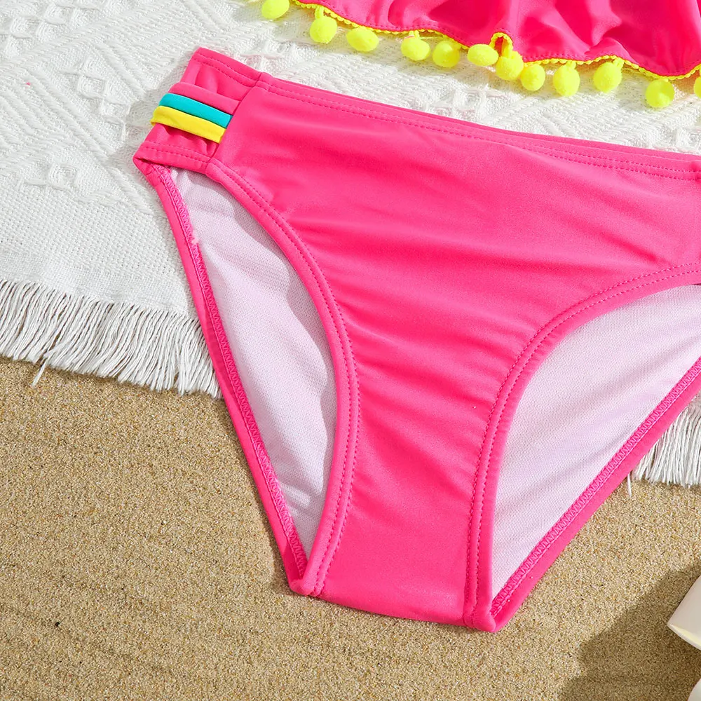 5-12 Years Ruffle Flounce Girl Swimsuit Kids Criss Cross Back Bikini Pompom Decorated Two Piece Children's Swimwear Bathing Suit