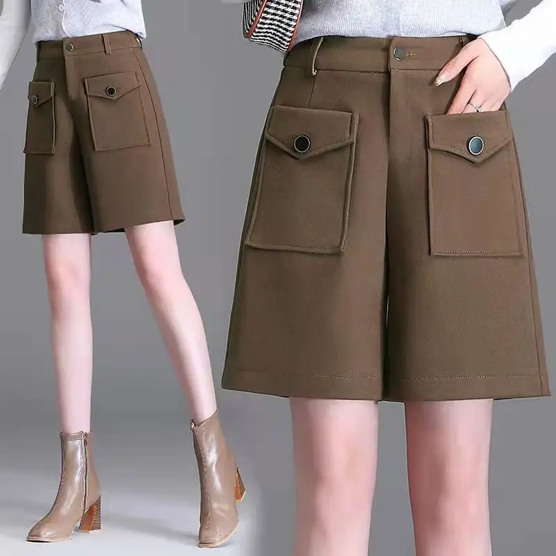 Autumn Winter New Street Casual High Waist Straight Shorts Solid Loose Pocket Wide Leg Shorts Vintage Fashion Women Clothing