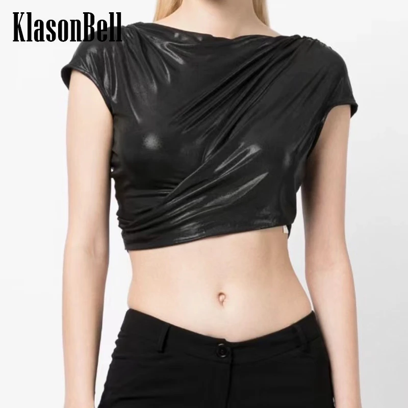 

3.18 KlasonBell 2024 Spring Summer New Fashion Knot Hollow Out Sexy Backless Crop Top Women Black Slash-neck Slim T-Shirt