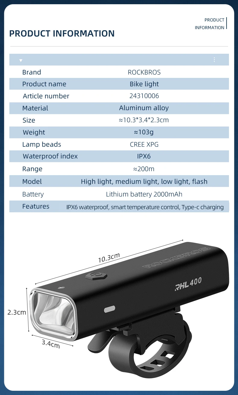Bike Light 2000mAh Type-C Charging Front Lamp Headlight Waterproof Lamp Accessories - Bicycle Accessories - 2