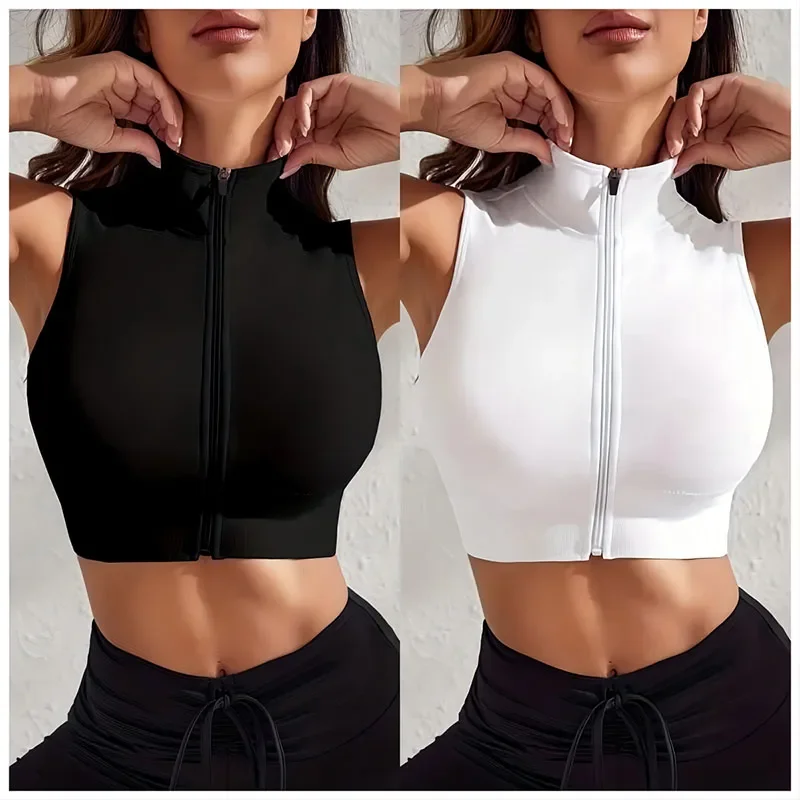 Women's 2-piece Set Close-fitting Breathable  Yoga Zipper Exercise Fitness Vest Top